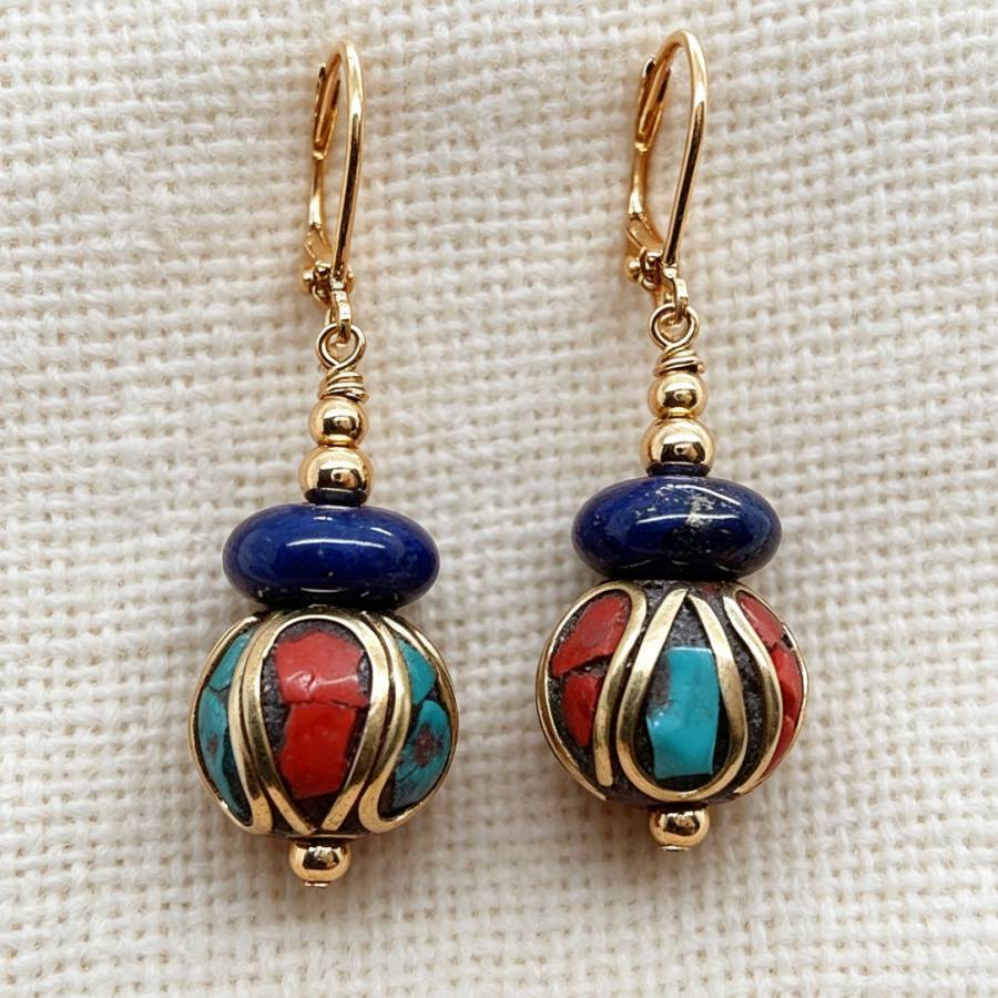 네팔산 수제 블루 라피스 라줄리 골드 귀걸이 액세서리  - Women Accessories Nepal 리뷰 및 가격